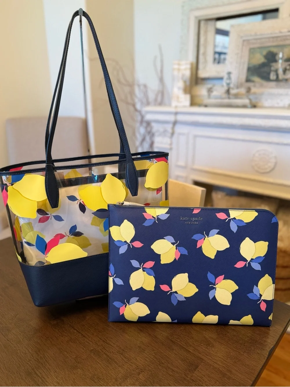 NWT New Kate Spade Navy See-Through  Lemon Zest Large Triple Compartment Tote